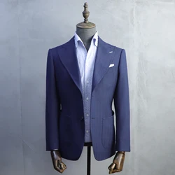 MTM Italian style Custom Suit For Men 100% Wool Peaked Lapel Business Blazer Bespoke Mens Suite Tailor Made  Wedding Blue Suit