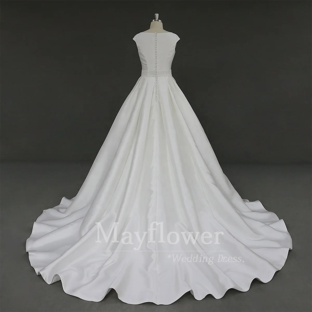 New puff Mikado Satin Custom Made boat neck A-Line with heavy beaded belt Wedding Dresses Bridal gowns