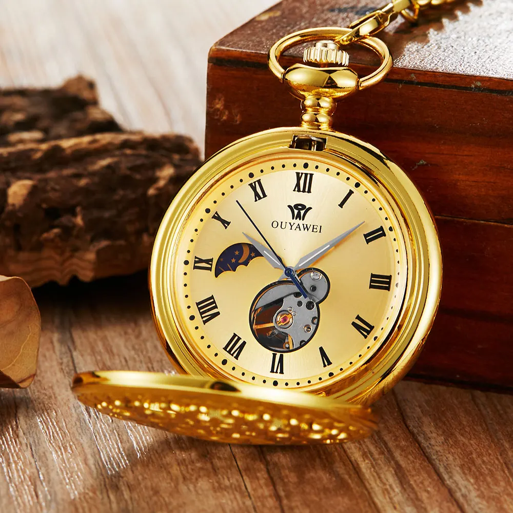 Golden Mechanical Pocket Watch Hand Wind Fob Watches Roman Numerals Moon Shape Hollow Dial Skeleton Clock Chain for Men Women