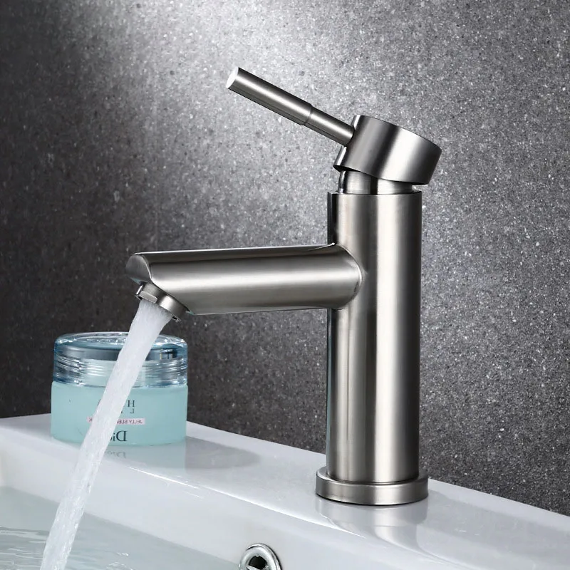 Stainless Steel 304 Curved Spout Mixer Brushed Hot and Cold Water Basin Faucet
