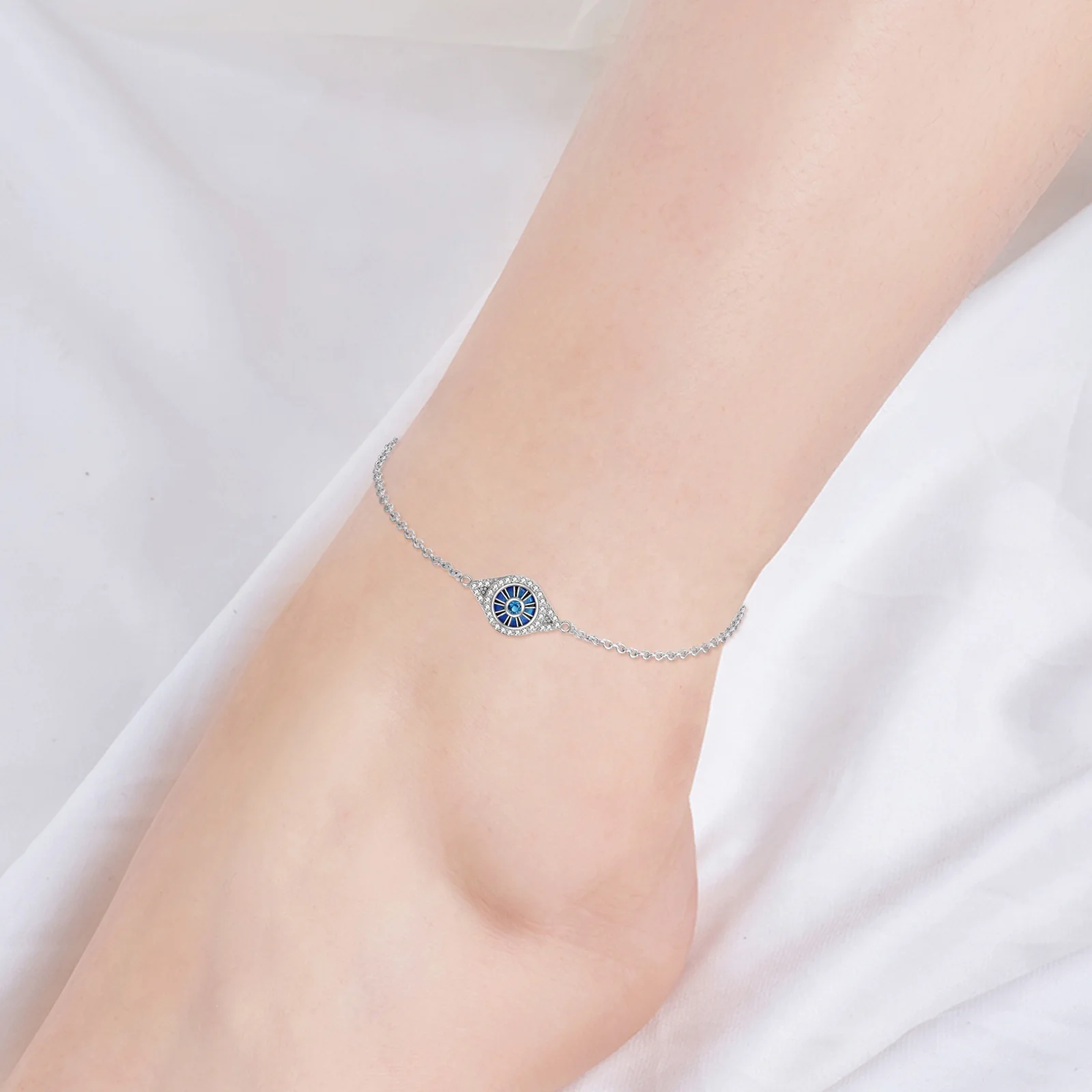 Wholesale OEM/ODM Jewelry 9+2inches 925 Sterling Silver Eye Foot Blue Cable Chain Talisman Anklets