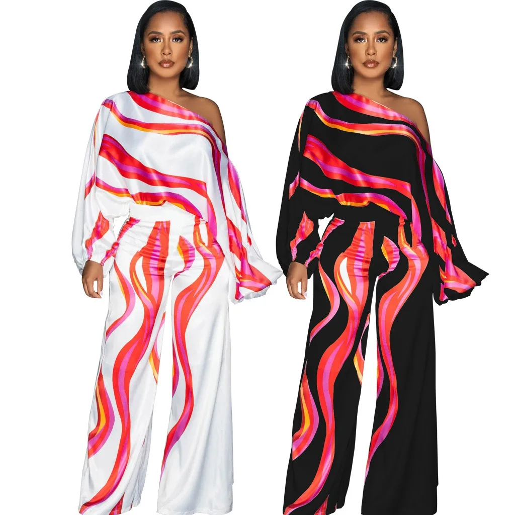 QuiteS Sexy Fashion One Shoulder Diagonal Collar Casual Long Pant Streetwear Long Sleeve Loose Jumpsuit For Women