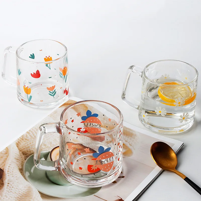 330ml Creative Glass Ins Cute Little Daisy Tulip Strawberry Prints Breakfast Glass Cup Household Water Cup Mug