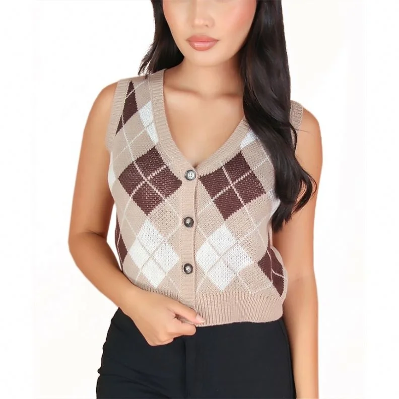 2024 SS Wholesale Customized Knitwear Checker Knit Cotton Sweaters V Neck Color Block Women Sweater Vest Cardigan