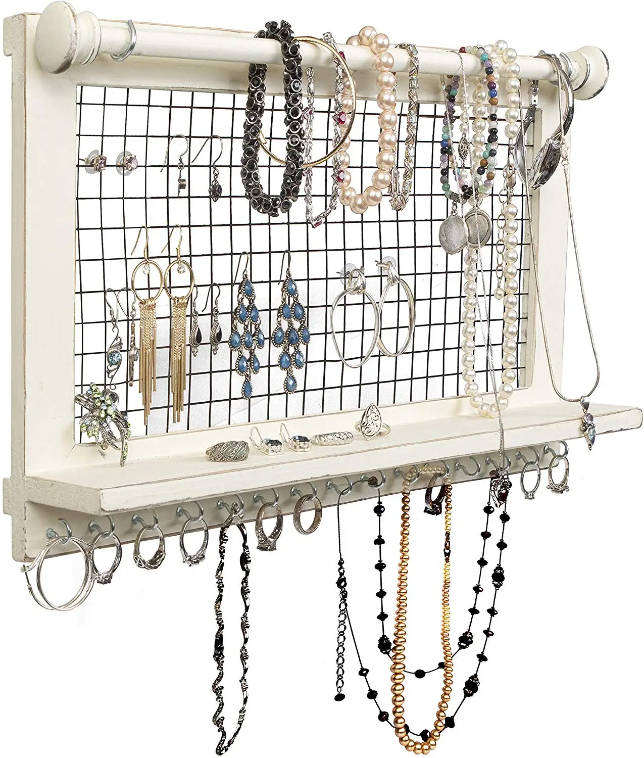 Rustic Jewelry Organizer With Bracelet Rod Wooden Wall Mount Holder For Earrings Necklaces Bracelets