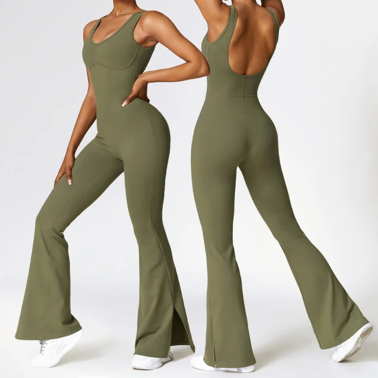 U Back Bodycon Full Length Flare bodysuit For Women One Piece Sport Jumpsuit Women Workout Gym Fitness Casual Yoga Jumpsuits