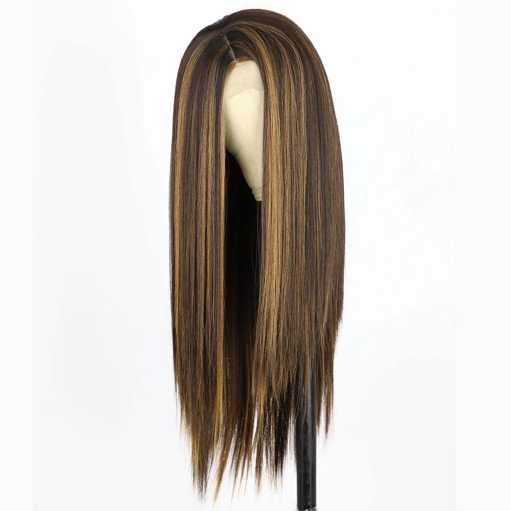 Cheap Long Straight Front Lace Brown Mixed Blonde Ombre Wigs For Black Women Piano Color Wigs Synthetic Highlight Hair Wigs