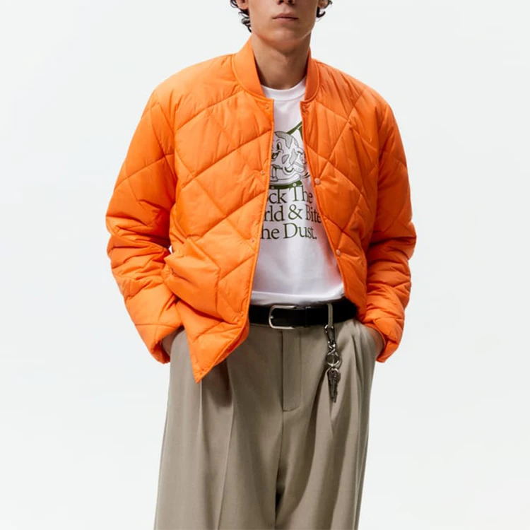 Wholesale Button Up Quilted Orange Puffer Jacket Waterproof Jacket Man High Quality bubble Down Jacket