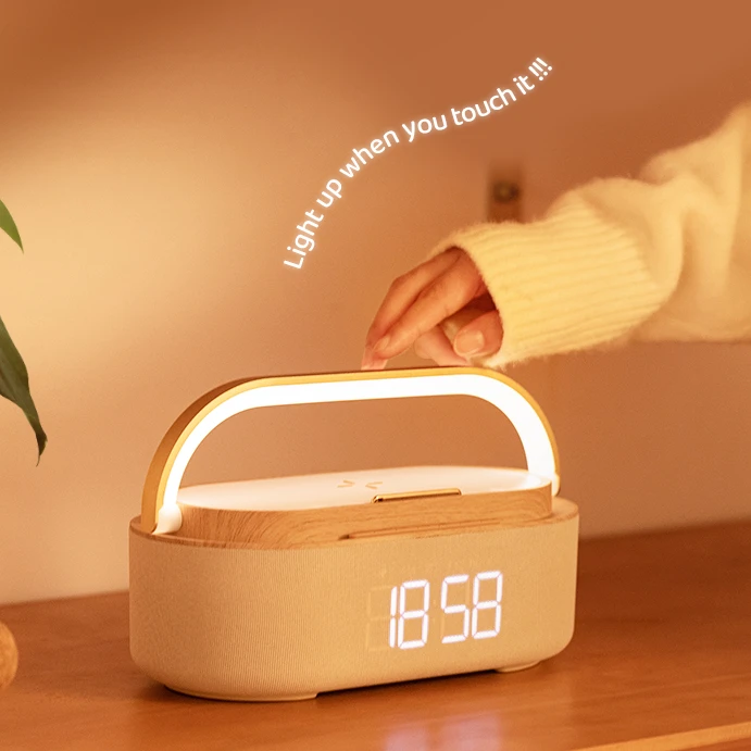 Bedroom Bedside Adjustable Brightness Music Sound Lamp Qi Wireless Charger Touch Digital Alarm Clock With Led Night Light