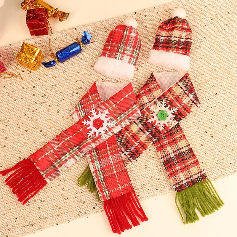 BSCI SJ0607 Hat and Scarf Set Merry Christmas Decor Wine Bottle cover Plaid Home Santa