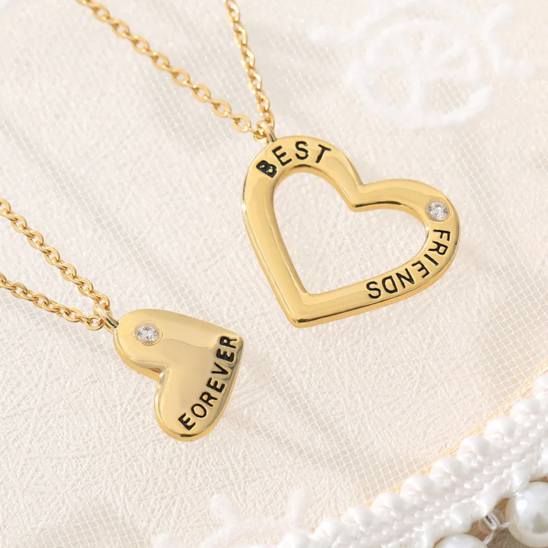 Gold Plated Stainless Steel BFF best friend Forever Heart Iced out Pendant Necklace