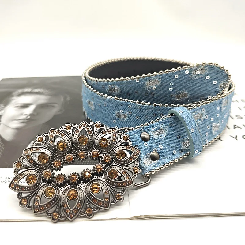 Fashion Western Beaded Belts Cowgirl Punk Rock Denim Belts Women Bling Studded Rhinestone PU Leather Jeans Belt with Big Buckle