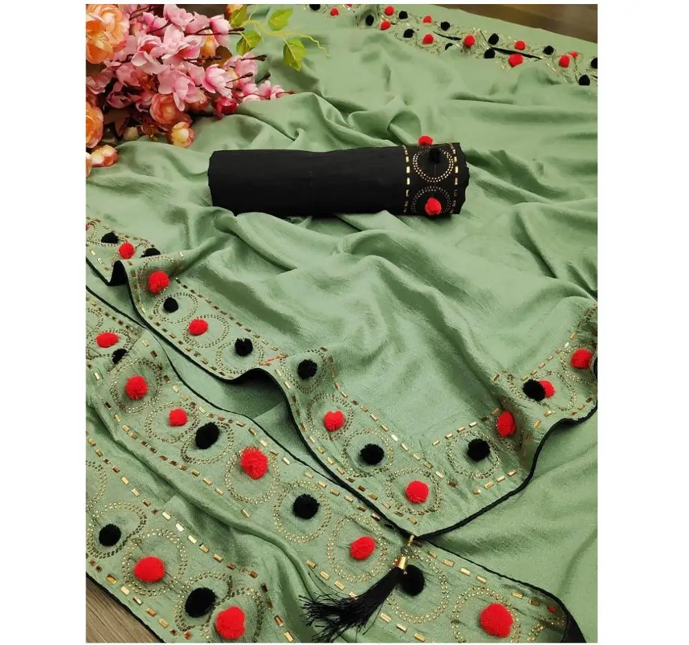 Pom Diamond Work Saree with Blouse Piece Indian Women Wear Festival Sari Cheap Low Price Wholesale Manufacturing Surat Alphanumero