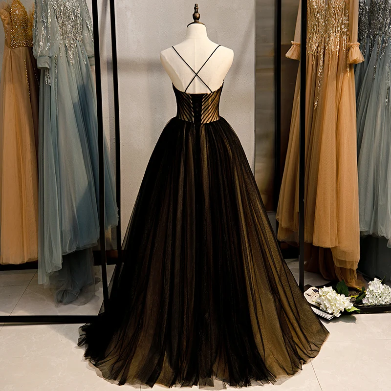 Wholesale Elegant Black Champagne Blended Sheer A-Line Prom Dress Invisible V-Neck Slim Strap Formal Occasion Dresses for Women