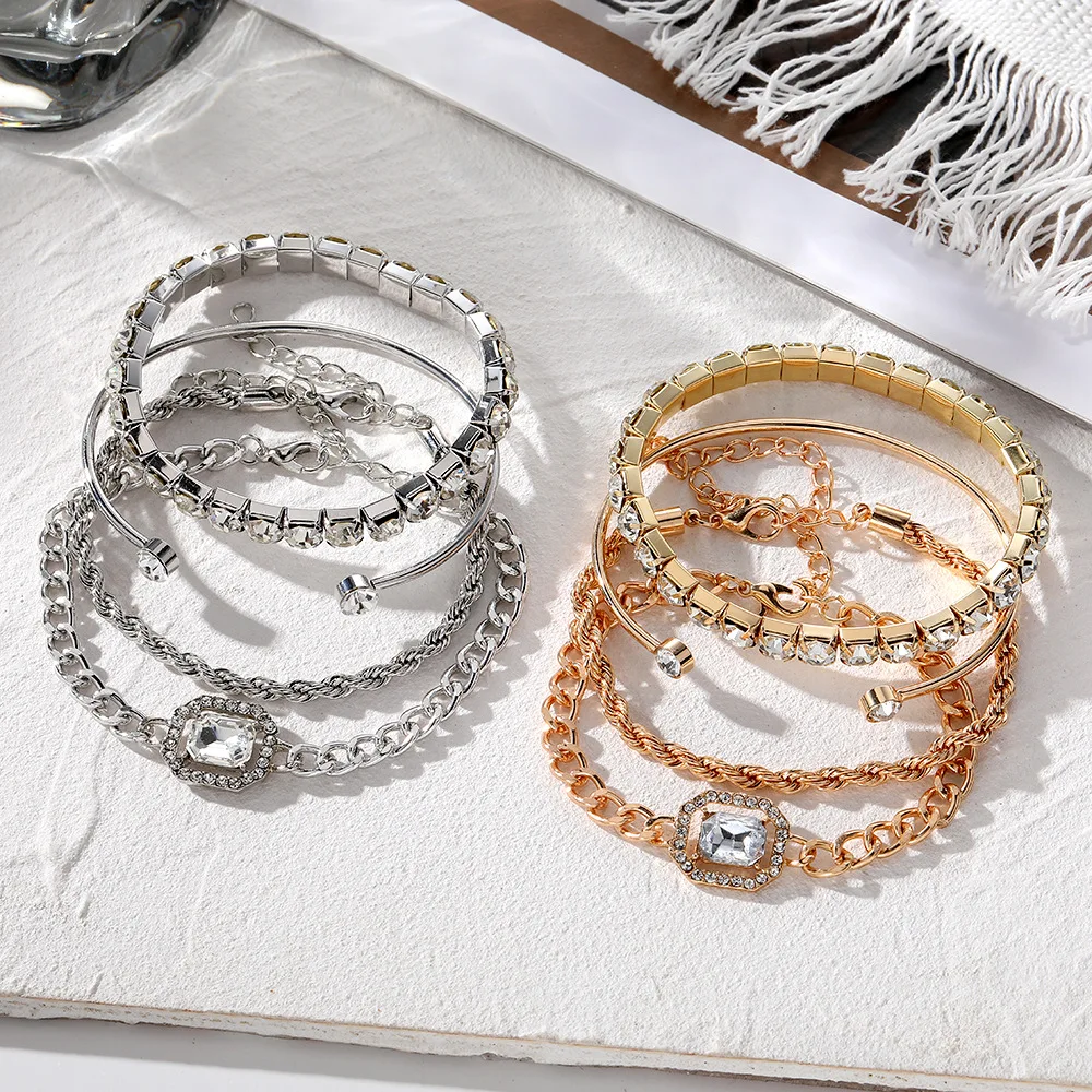 Wholesale Vintage Gold plated Bracelets Set for Women Crystal 4 pcs Chain Punk Cuban Link Charm Bracelet Bangle Fashion Jewelry