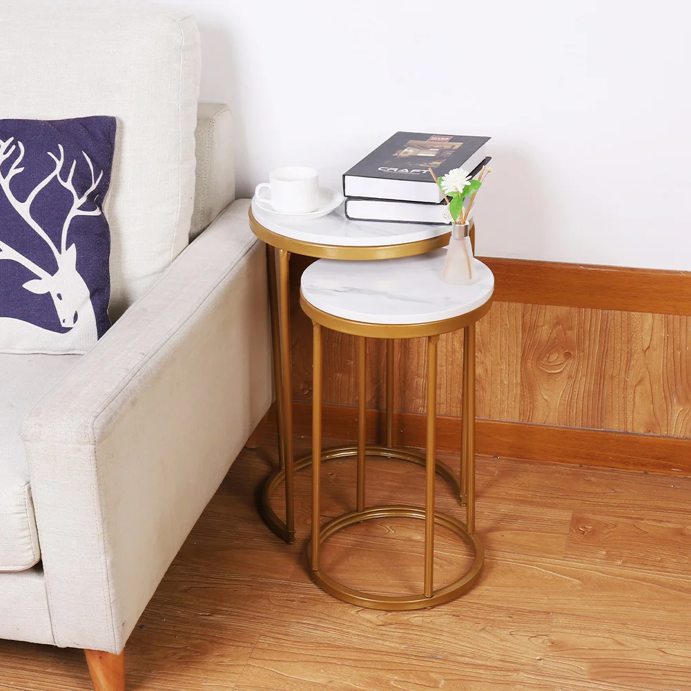 Set of 2 Nesting Table Modern Marble Nightstanding Side Tables Round Coffee End Tables Metal Frame for Living Room Bedroom