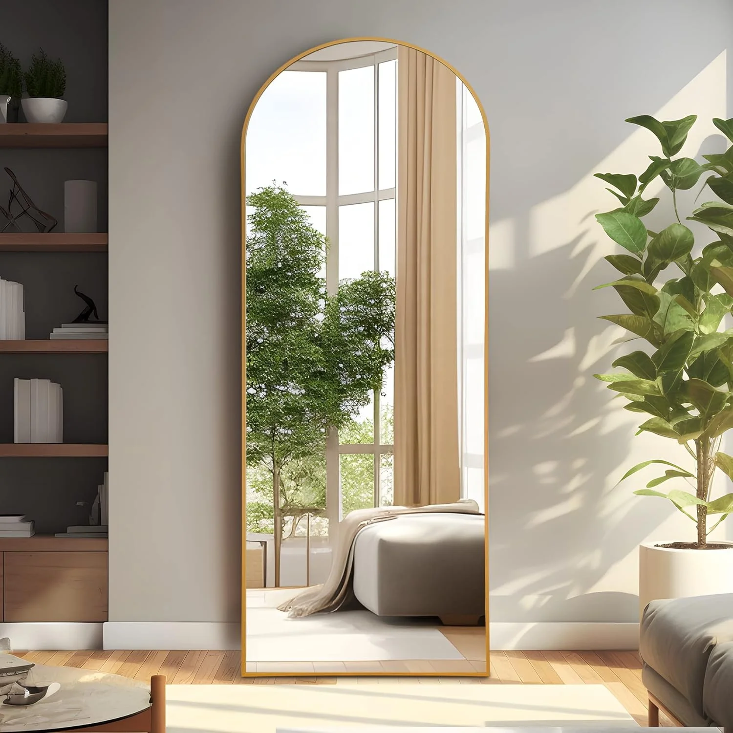 Gold arch and round framed design long large floor mirror full length body standing wall living room mirror glass wholesale