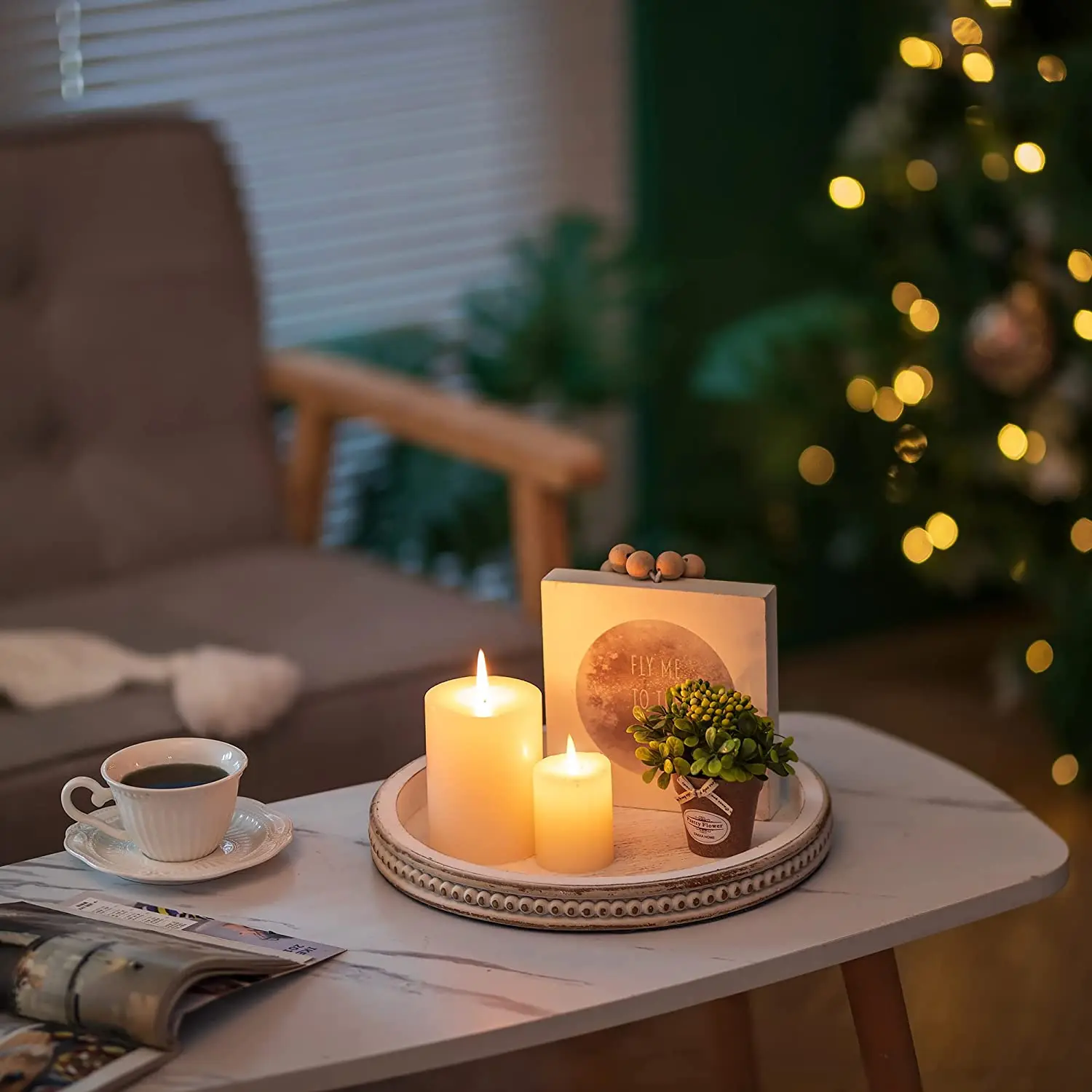 Wooden tray Round: White wash bead tray suitable for coffee table centerpiece decoration living room bathroom storage rack