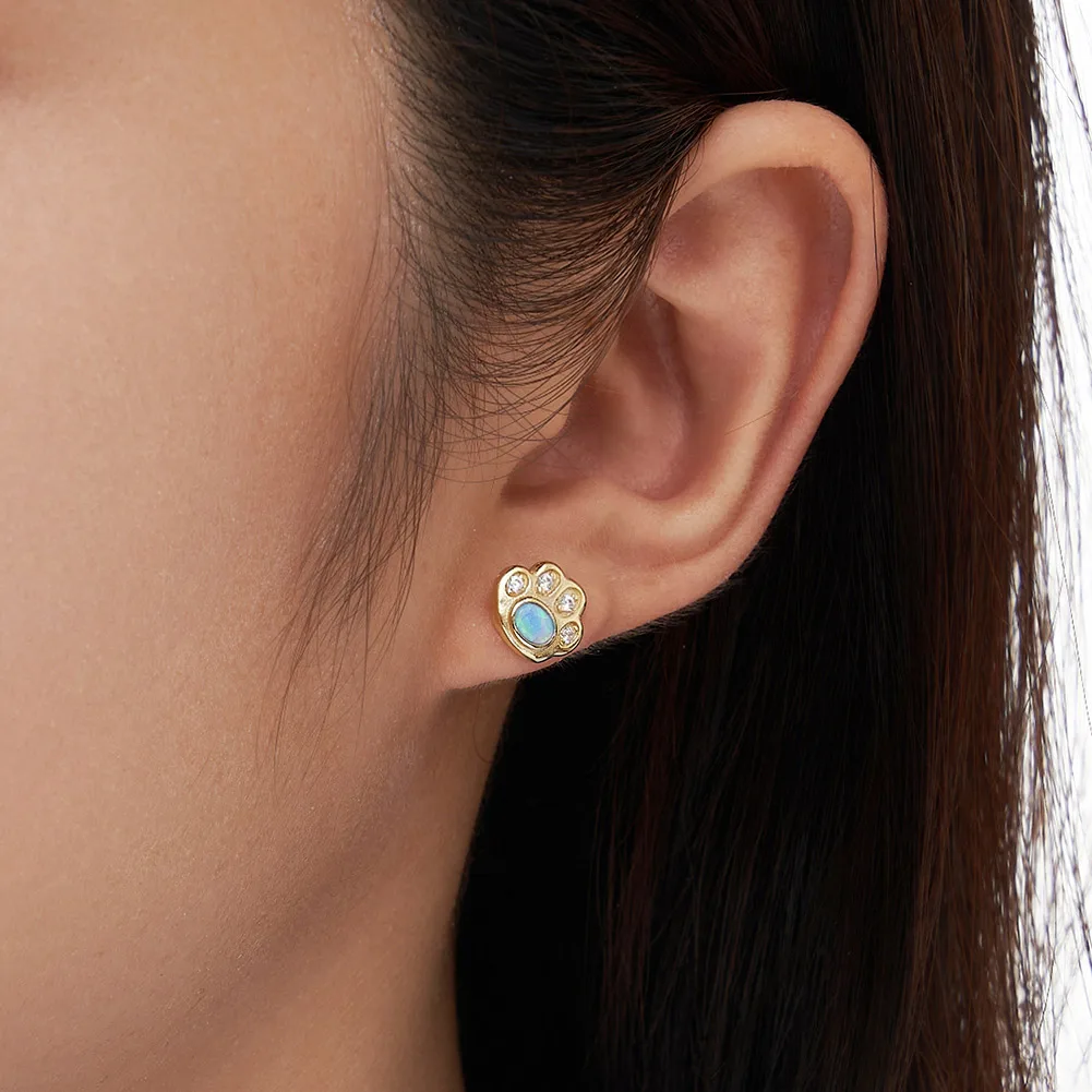 RINNTIN SE402 925 Sterling Silver Opal Zirconia Pet Paw Stud Earrings Cat Dog Earrings White Gold Plated Fine Jewelry