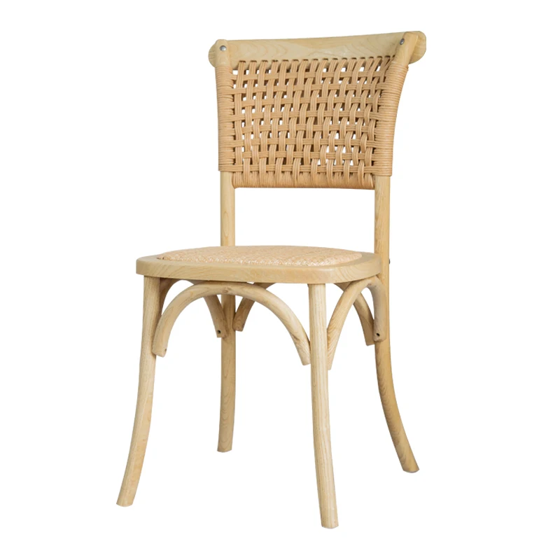 Antique Chinese Traditional Handmade Paper Cord Wood Vineyard Weaved Rattan Cane Dining Chair