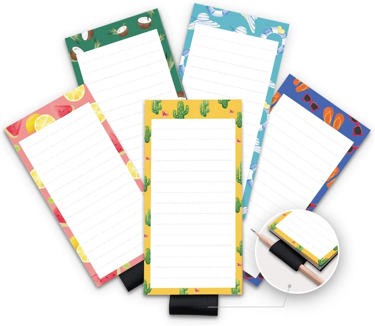 Hot Sale 5-Pack Full Magnet Back Magnetic Notepad & Pen Holder for Fridge To-Do List & Grocery Shopping 5 Designs Made Paper