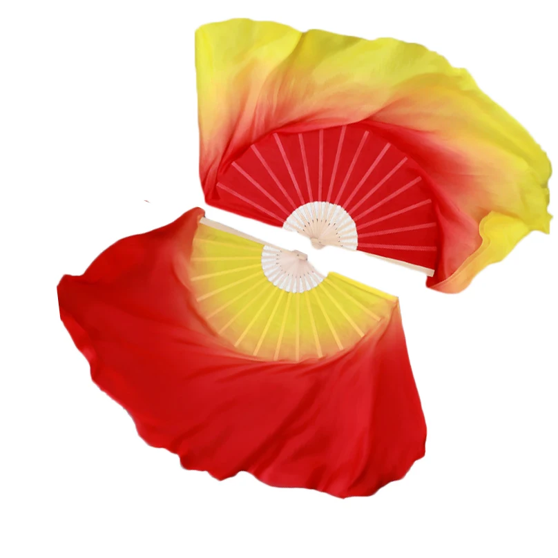 Wholesale Professional fire color double sided Bamboo fans with veil for unisex dance performance