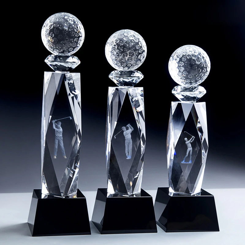 Noble Awards High Quality Crystal Tower Hold Crystal Golf Ball Up With 3D Laser Custom Logo A Hole In One  Golf Trophy Awards