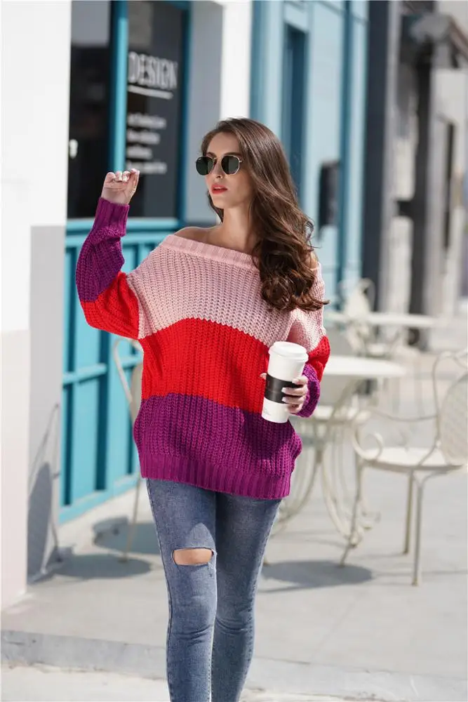 
2019 Amazon New Patchwork Sweaters Autumn Winter Women Striped Pullover Sweaters Off Shoulder Sexy Sweaters Women 