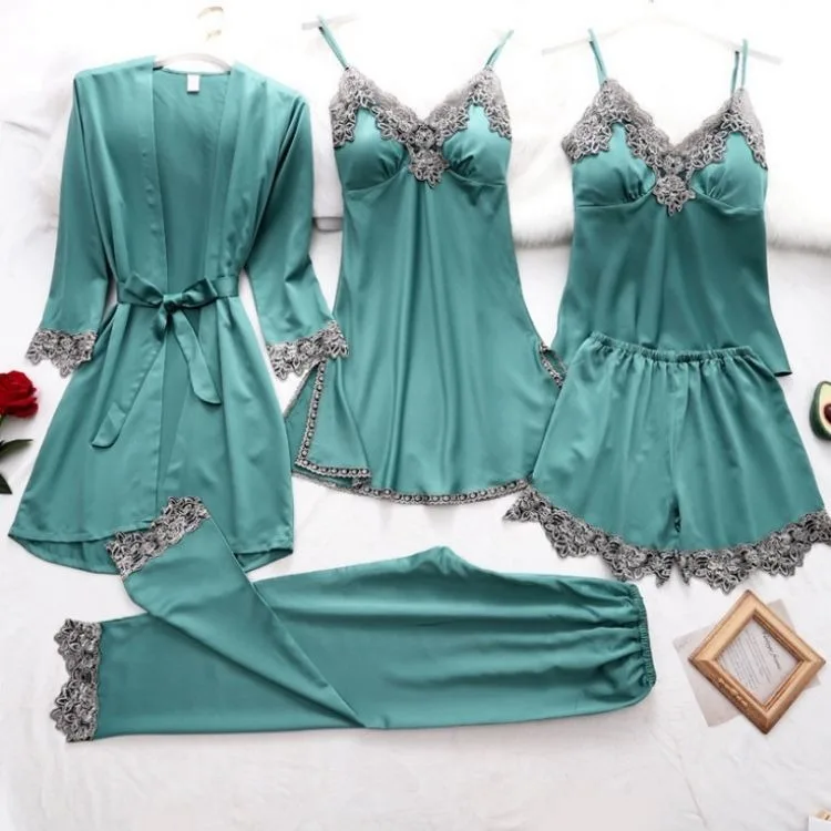 High Quality  Ladies Satin Silk Like Sleepwear Robe Set 5pcs Set Custom Solid Pyjamas SetFor Women Robe Fille