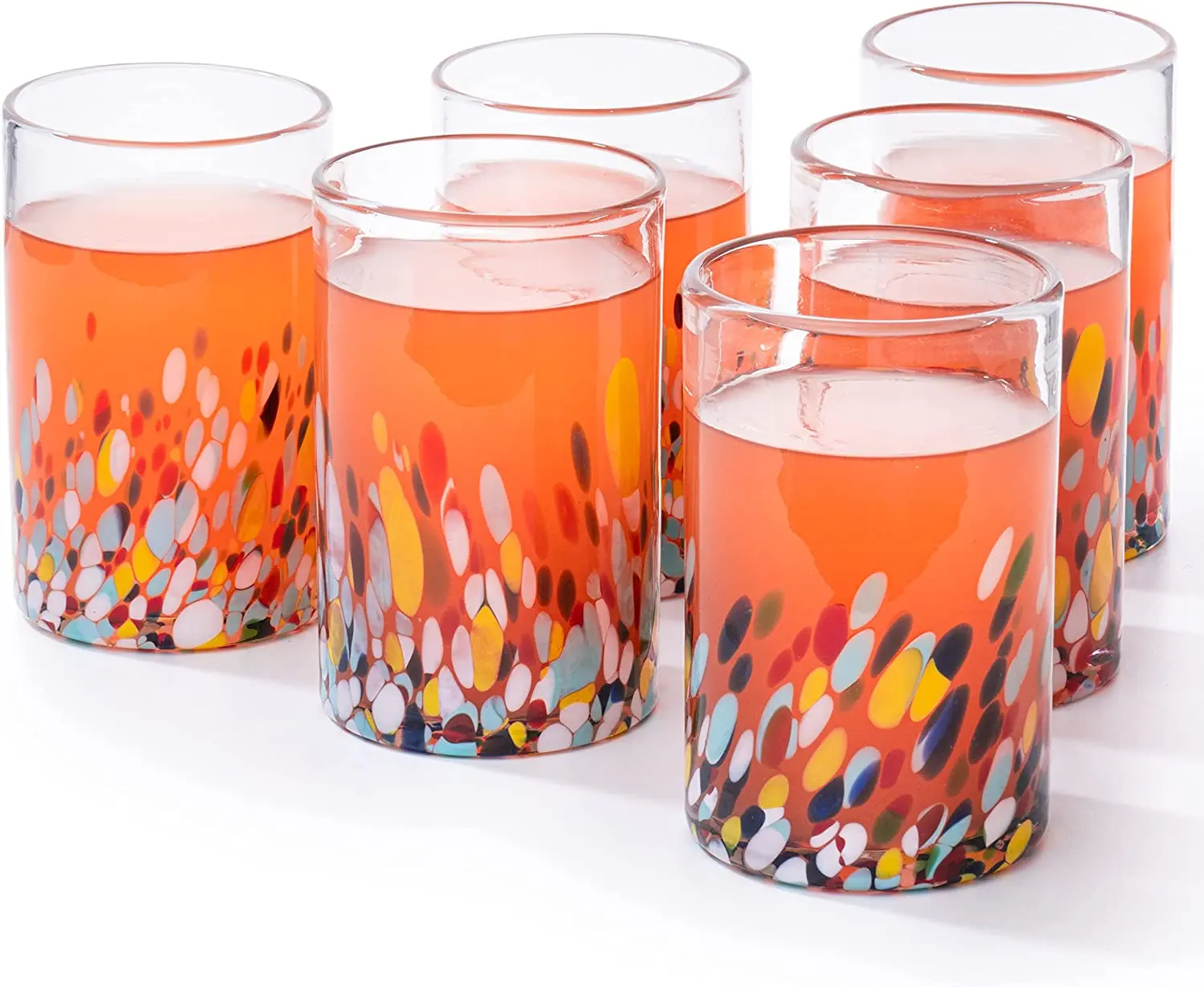 16 Ounces Hand Blown Mexican Drinking Glasses Set of 6 Confetti Carmen Rock Design Glasses