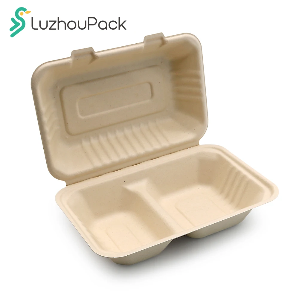 9*6*3' 2-compartment Clamshell container Bagasse Bagasse Sugarcane Bagasse Food Packaging 100% Biodegradable Sugarcane