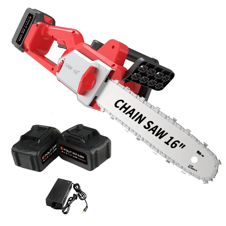 Super power lithium battery operated wood cutting chain saw machine electric cordless 16-inch chainsaw with spare accessories
