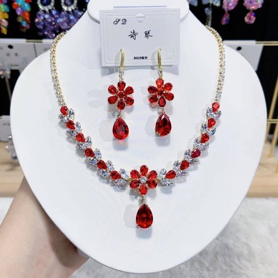 Bulk Order Stones Red Color Crystal Necklace Earring Sets For Wedding Dress Love Jewelry Set