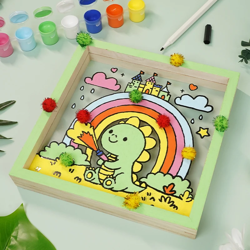 customization new wooden frame 7 pieces painting toy picture by numbers Frame painting kit for kids