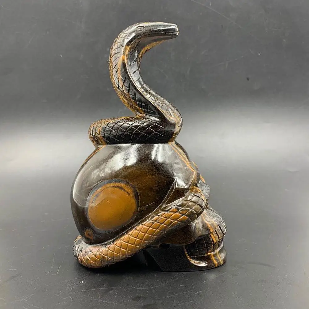Wholesale Natural Tiger Eye And Snake Folk Crafts Hand Carved Crystals Healing Skulls For Home Decoration