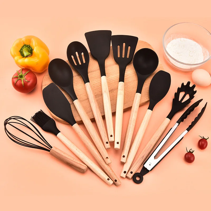 Low MOQ 12-piece Set High-Temperature Non-stick Cooking Spatula Silicone Wooden Handle Silicone Kitchenware