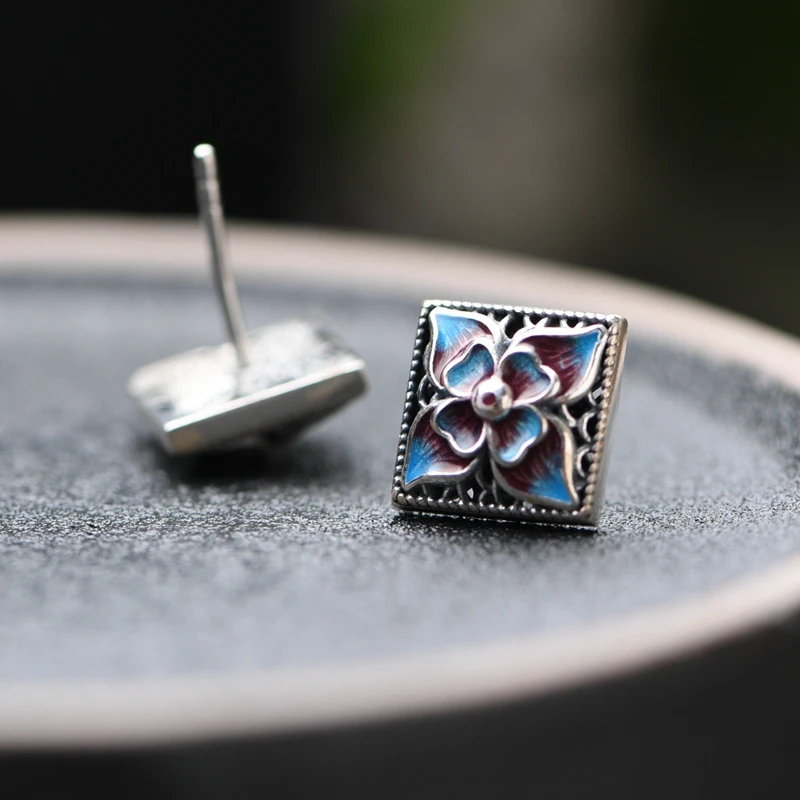Wholesale real pure S925 sterling silver Chinese Cloisonne fashion Flower jewelry earrings for women Anillos