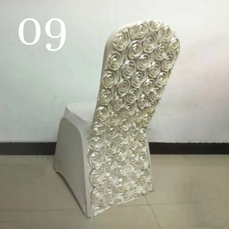 Factory Price Banquet Chair Cover Blue Pleated Skirt Rosette Back Chair Slipcover for Dining Room