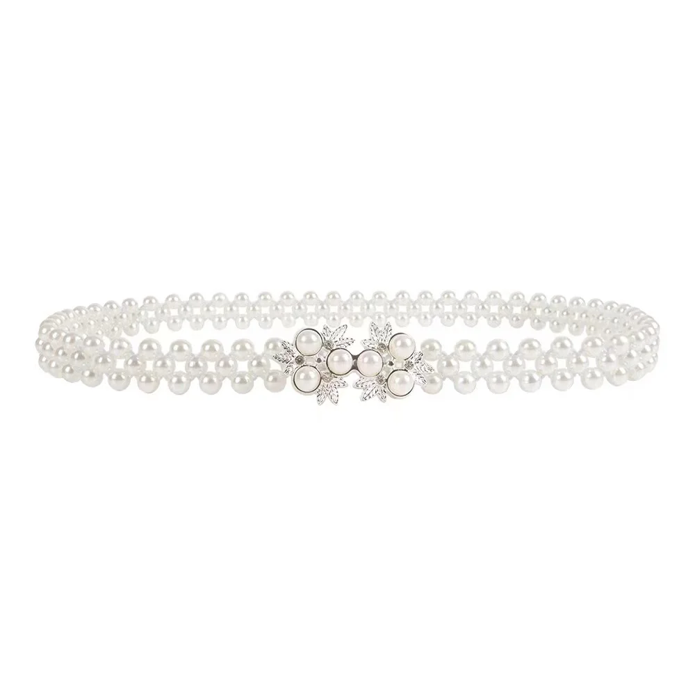 New pearl accessories ladies three leaves fashion buckle head pearl  elastic belt  waist chain