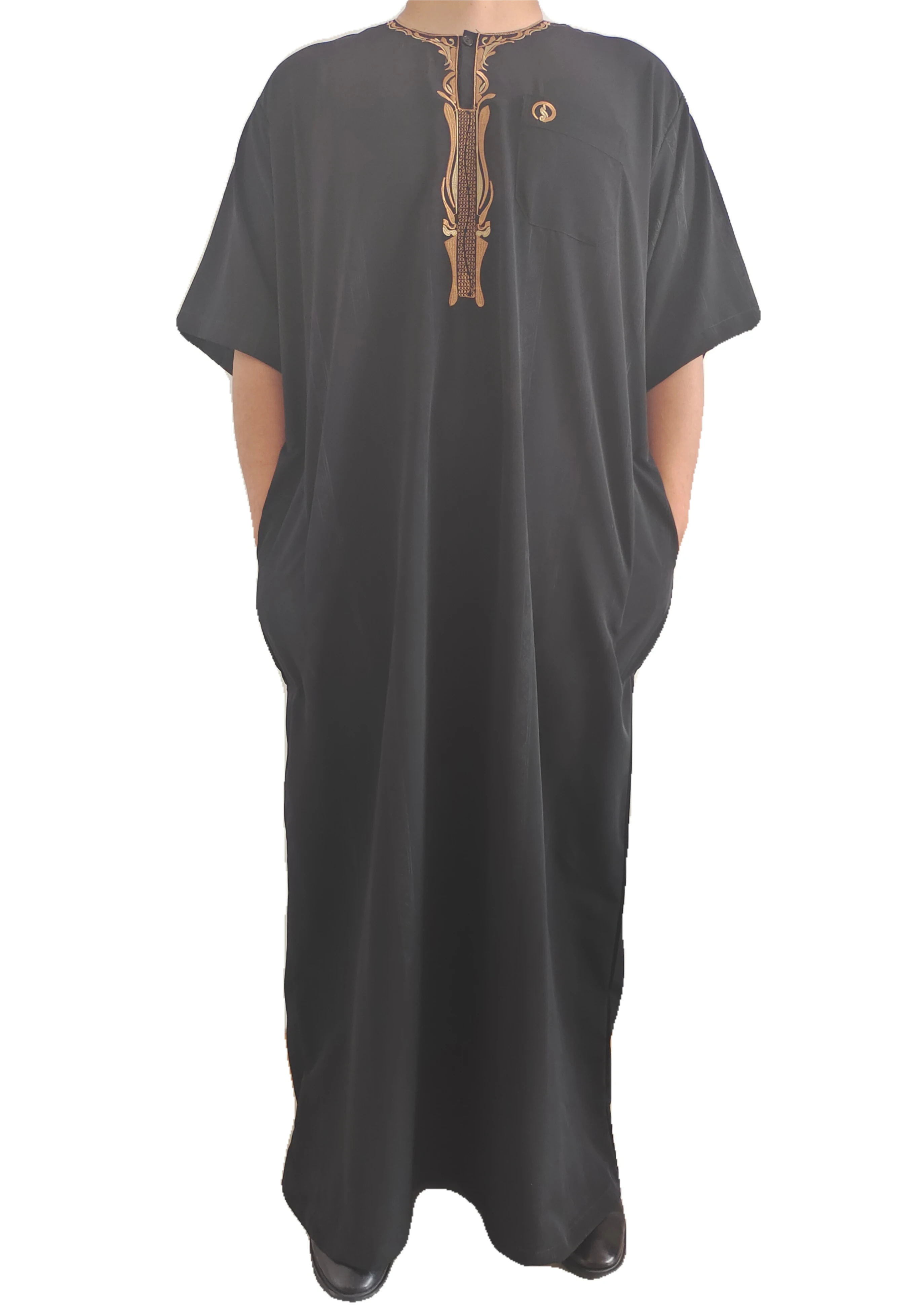 
Pure Color Muslim Men Praying Ramadan Embroidery Fashion Men Robe 