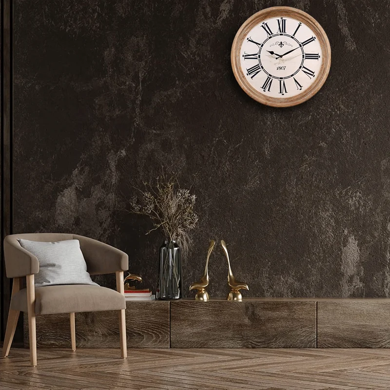 Hot Sale 23.5inch Roman Numerals Wall Clock Custom Logo Large Home Decorative Natural Wooden Wall Clock
