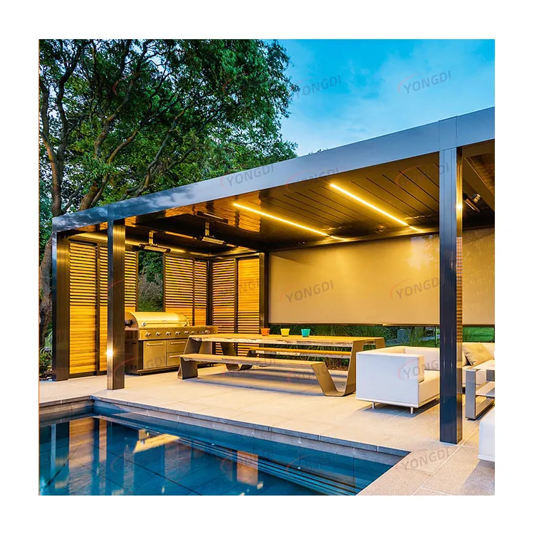 YONGDI outdoor swimming pool cover 5x5 full open electric rotating blades green gazebo garden louvre pergola