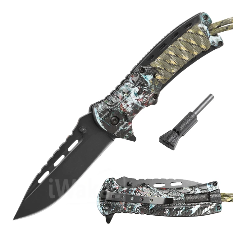 Father Gift Green Plastic Folding Pocket Knife Climbing Survival Knife with Wrapped Rope