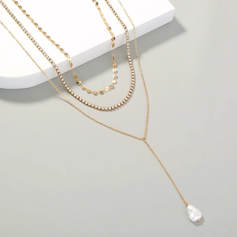
 Multi-layer Necklace  Jewelry Simple Diamond-studded Chain  Imitation Baroque Pearl Long Pendant Necklace  