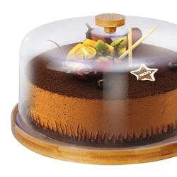 Decorative Bamboo Clear Cake Stand Cupcakes Server with Plastic Dome Cover
