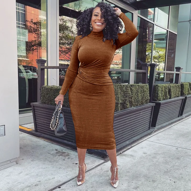 JL292 Best Design Solid Color Velvet Half High Collar Pleats Elegant Casual Evening Dresses Party Bodycon Dress Women 2022