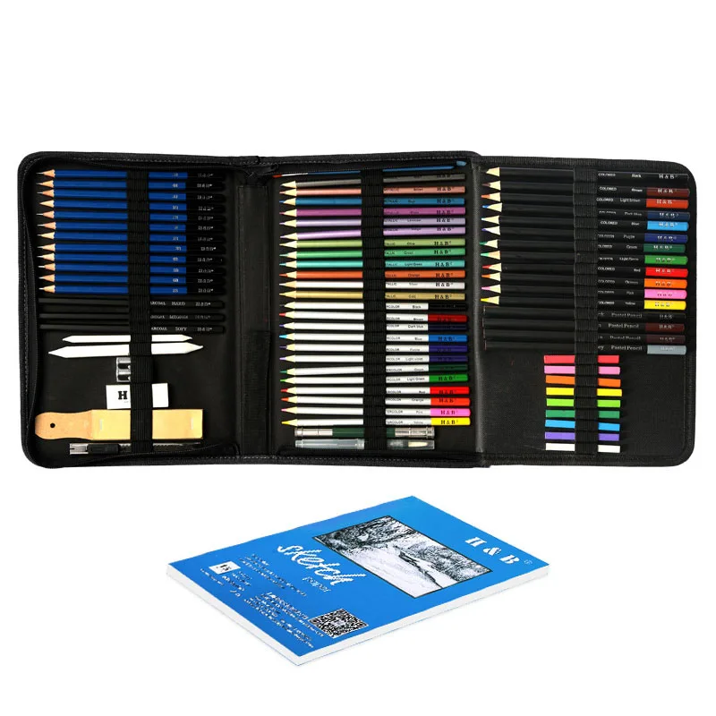 Professional 74 Colored Pencil Set in Nylon Case with Colored Pencils and Sketching Drawing Accessories as Art Supplies