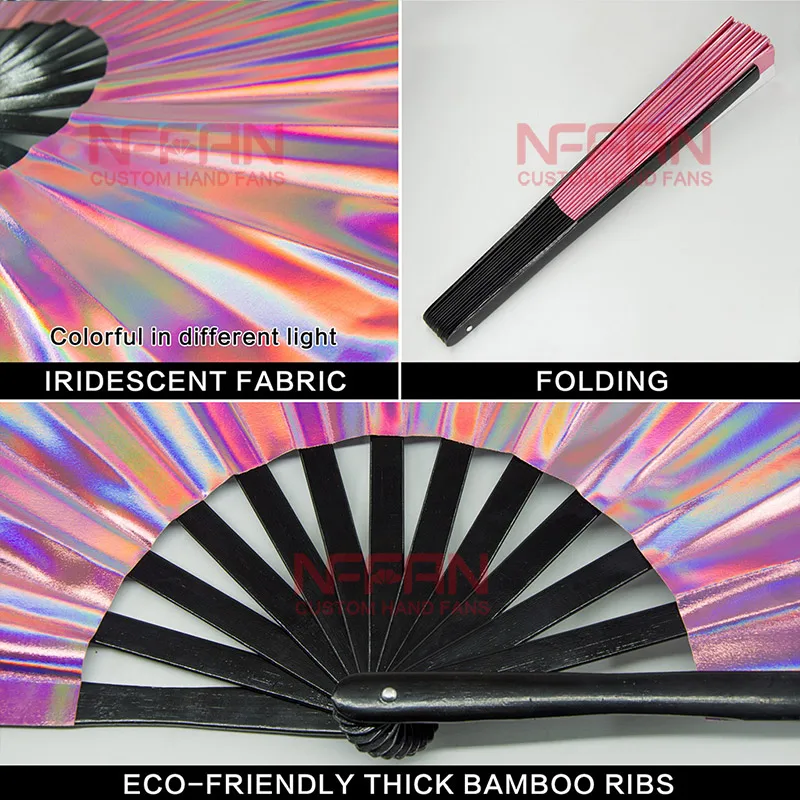 Hot sale Clack Rave Folding Hand Fan Iridescent Holographic Fabric Strong Bamboo ribs for Festivals or Parties