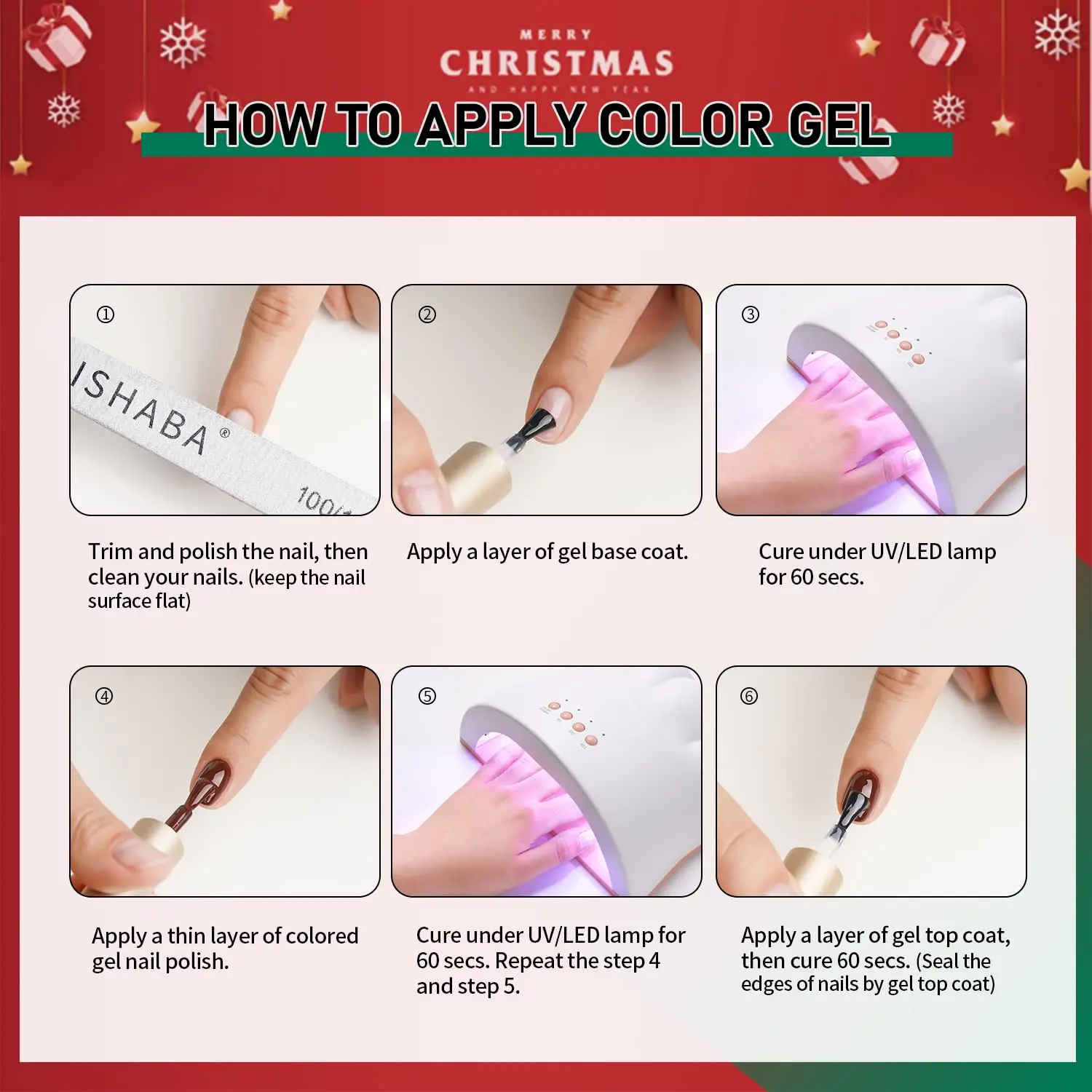 Christmas custom labels red green glitter smooth highly shiny uv gel nail polish