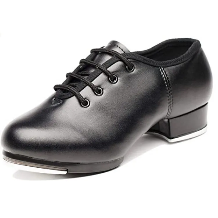 Unisex tap shoes black soft sole imitation cowhide leather shoes